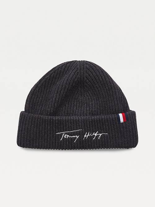 Tommy Hilfiger Signature Embroidery Rib-Knit Beanie Hoeden Heren Grijs | TH835LRB