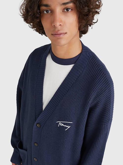 Tommy Hilfiger Signature Embroidery V-Neck Knitted Cardigan Truien Heren Blauw | TH138ZVF