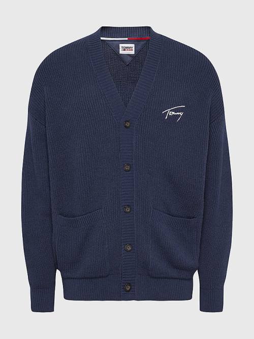 Tommy Hilfiger Signature Embroidery V-Neck Knitted Cardigan Truien Heren Blauw | TH138ZVF