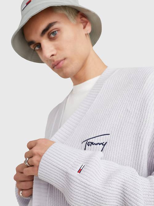 Tommy Hilfiger Signature Embroidery V-Neck Knitted Cardigan Truien Heren Grijs | TH957ZAK