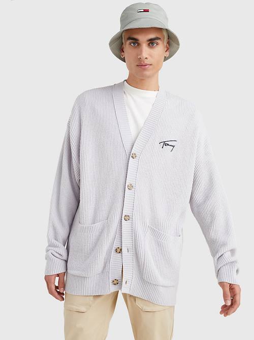 Tommy Hilfiger Signature Embroidery V-Neck Knitted Cardigan Truien Heren Grijs | TH957ZAK