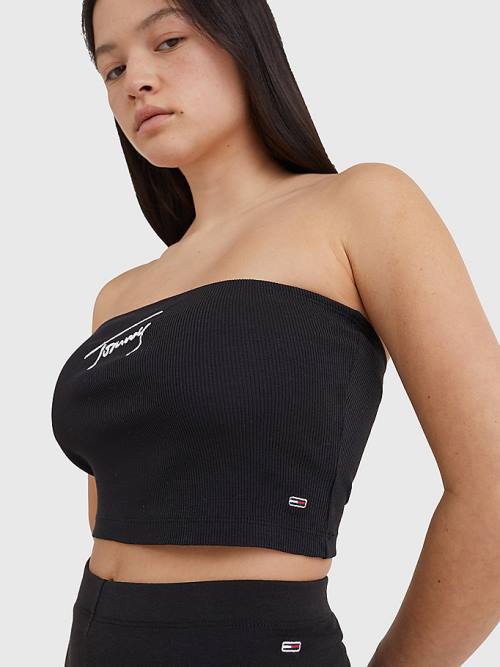 Tommy Hilfiger Signature Logo Cropped Tube Top T-shirts Dames Zwart | TH190CVF