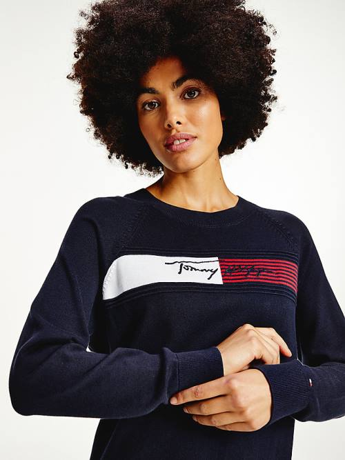 Tommy Hilfiger Signature Logo Embroidery Knit Jurken Dames Blauw | TH081RLG