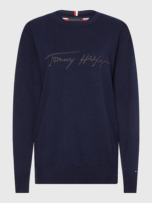 Tommy Hilfiger Signature Logo Embroidery Jumper Truien Heren Blauw | TH241KRE