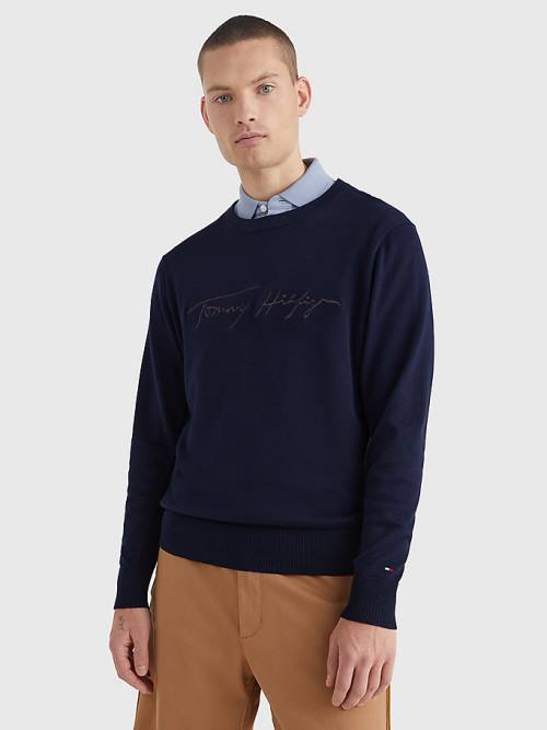 Tommy Hilfiger Signature Logo Embroidery Jumper Truien Heren Blauw | TH241KRE