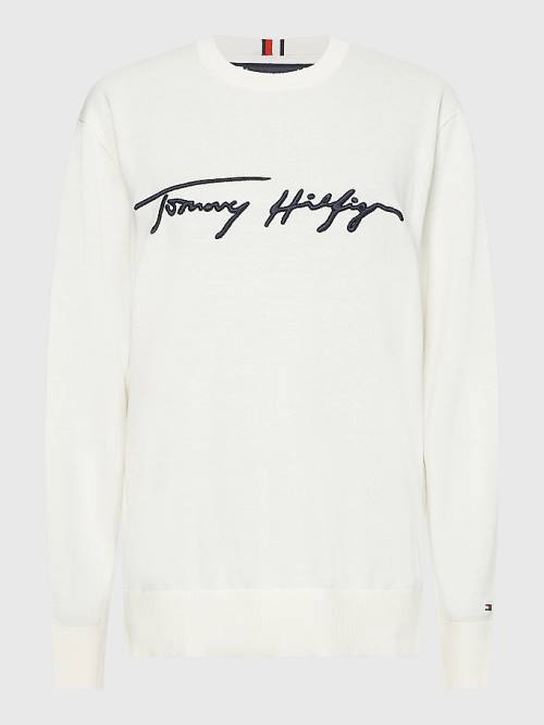 Tommy Hilfiger Signature Logo Embroidery Jumper Truien Heren Wit | TH423PZF