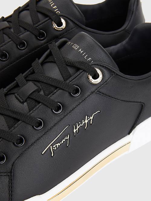 Tommy Hilfiger Signature Logo Leren Cupsole Sneakers Dames Zwart | TH320DYU