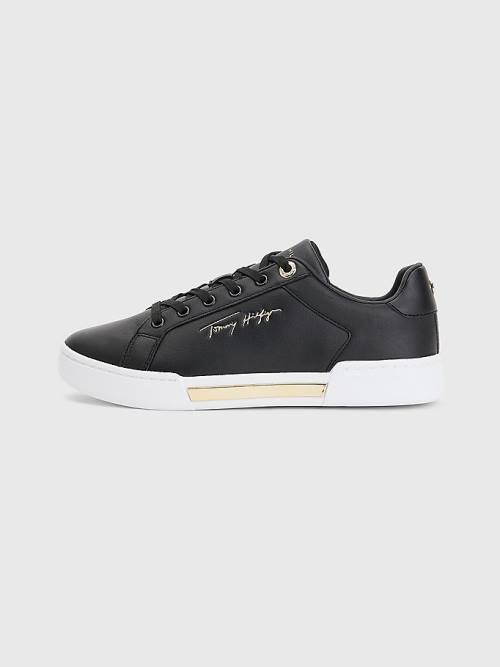 Tommy Hilfiger Signature Logo Leren Cupsole Sneakers Dames Zwart | TH320DYU