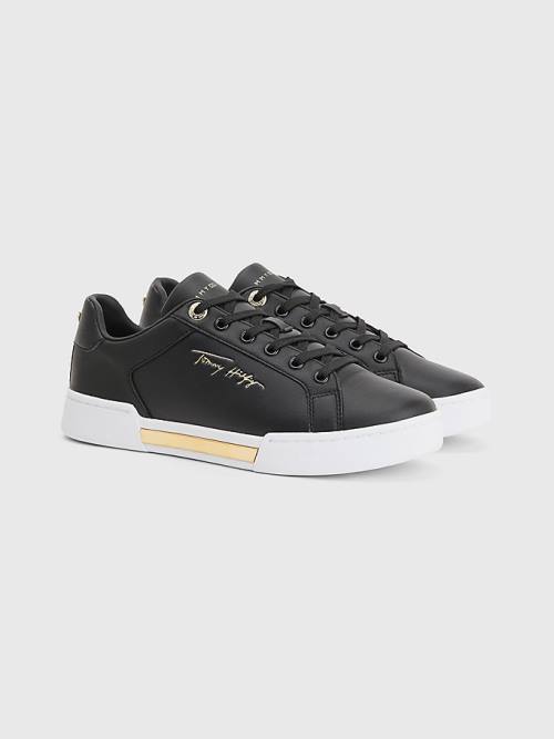 Tommy Hilfiger Signature Logo Leren Cupsole Sneakers Dames Zwart | TH320DYU