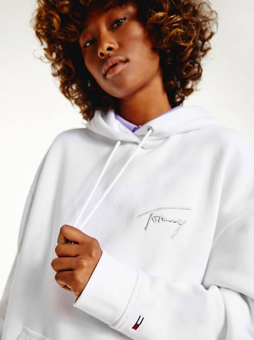 Tommy Hilfiger Signature Logo Oversized Hoodie Dames Wit | TH497PRZ