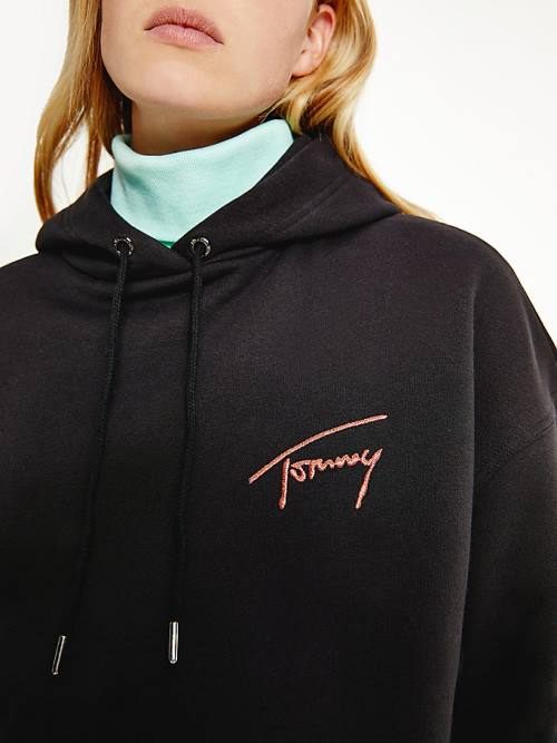 Tommy Hilfiger Signature Logo Oversized Hoodie Dames Zwart | TH863MDO