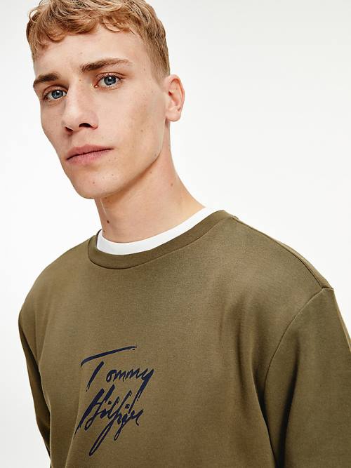 Tommy Hilfiger Signature Logo Stretch Organic Katoenen Sweatshirt Pyjamas Heren Khaki | TH412ZHT