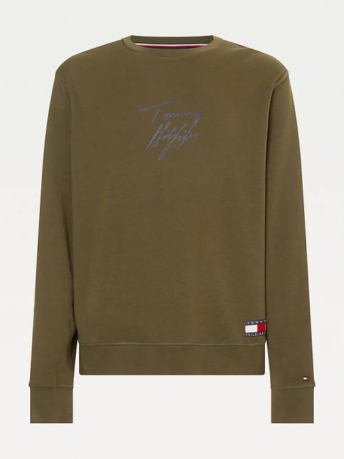 Tommy Hilfiger Signature Logo Stretch Organic Katoenen Sweatshirt Pyjamas Heren Khaki | TH412ZHT