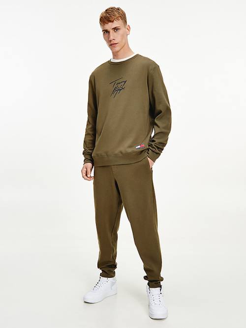 Tommy Hilfiger Signature Logo Stretch Organic Katoenen Sweatshirt Pyjamas Heren Khaki | TH412ZHT