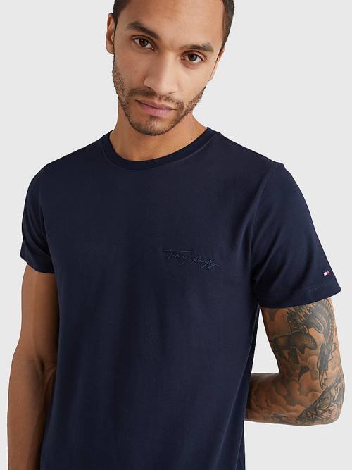 Tommy Hilfiger Signature Logo T-shirts Heren Blauw | TH195QVK