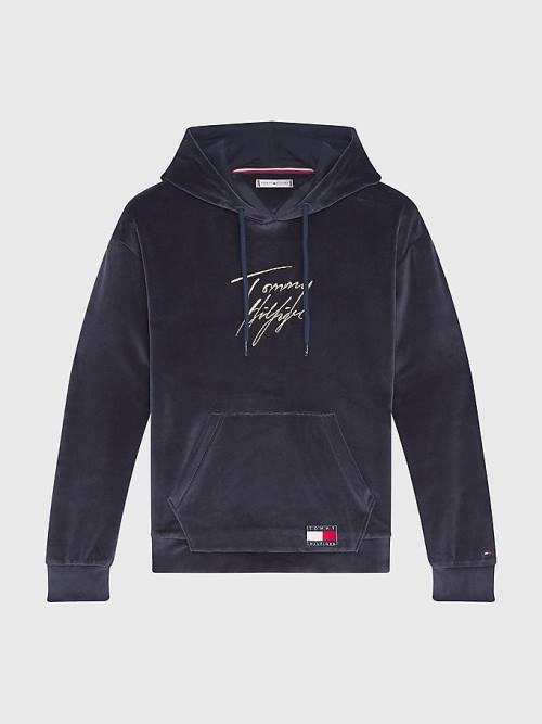 Tommy Hilfiger Signature Logo Velour Hoodie Dames Blauw | TH503VXW