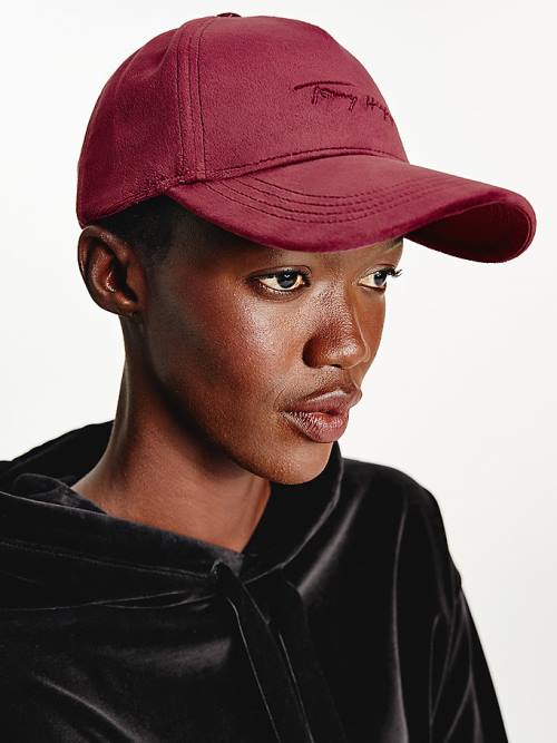 Tommy Hilfiger Signature Logo Velvet Cap Hoeden Dames Rood | TH852SCT