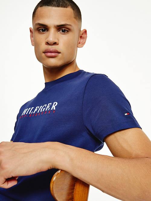 Tommy Hilfiger Signature Organic Katoenen Graphic Logo T-shirts Heren Blauw | TH963JEF