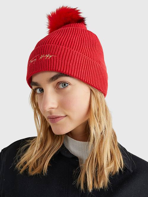 Tommy Hilfiger Signature Pom Pom Beanie Hoeden Dames Rood | TH265NHK