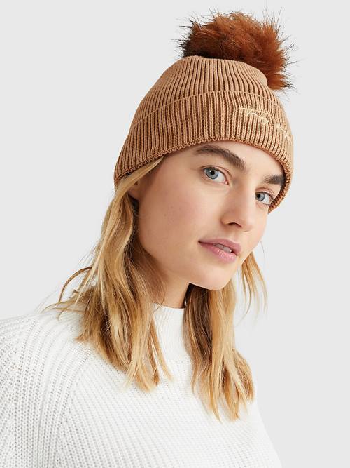 Tommy Hilfiger Signature Pom Pom Beanie Hoeden Dames Beige | TH291NLW