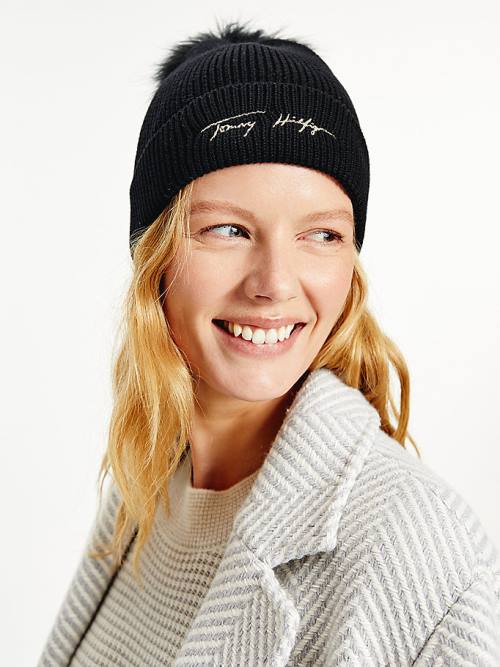 Tommy Hilfiger Signature Pom Pom Beanie Hoeden Dames Zwart | TH802ACO