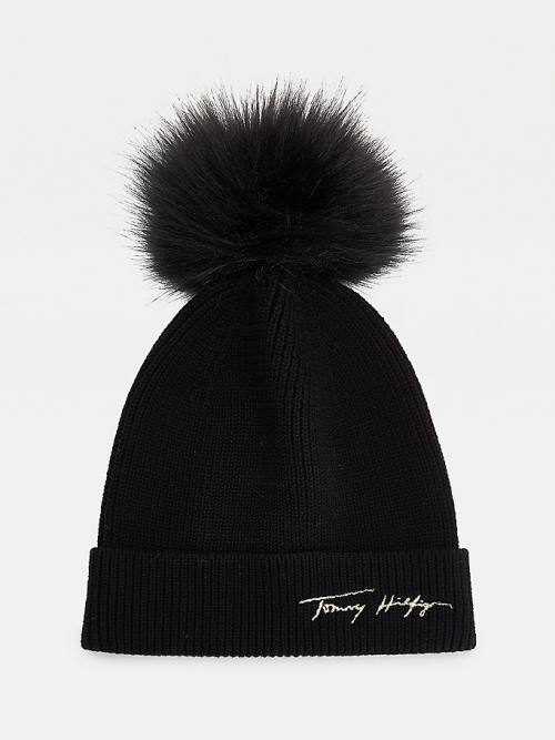 Tommy Hilfiger Signature Pom Pom Beanie Hoeden Dames Zwart | TH802ACO