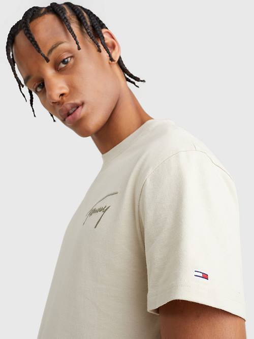 Tommy Hilfiger Signature Recycled Katoenen T-shirts Heren Beige | TH825XLC