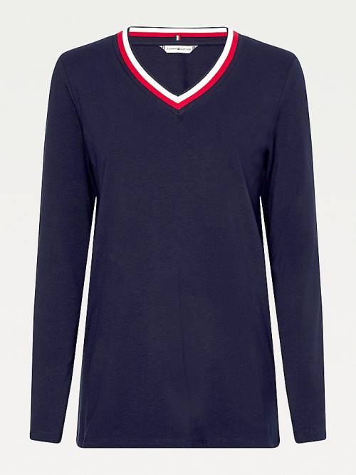 Tommy Hilfiger Signature Tape V-Neck Long Sleeve T-shirts Dames Blauw | TH427XTC