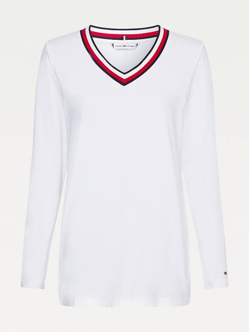 Tommy Hilfiger Signature Tape V-Neck Long Sleeve T-shirts Dames Wit | TH587VFM