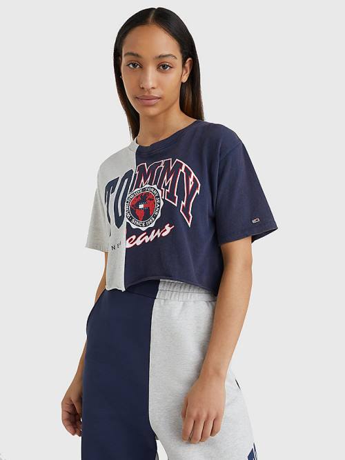 Tommy Hilfiger Spliced Logo Cropped T-shirts Dames Blauw | TH526BGA