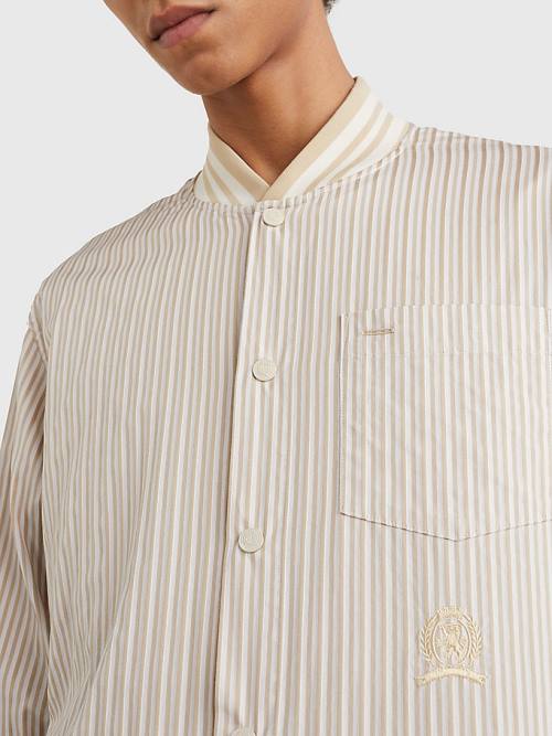 Tommy Hilfiger Stripe Baseball Collar Katoenen Overhemd Heren Beige | TH705ORY