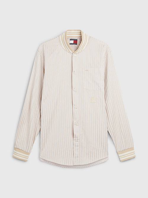 Tommy Hilfiger Stripe Baseball Collar Katoenen Overhemd Heren Beige | TH705ORY