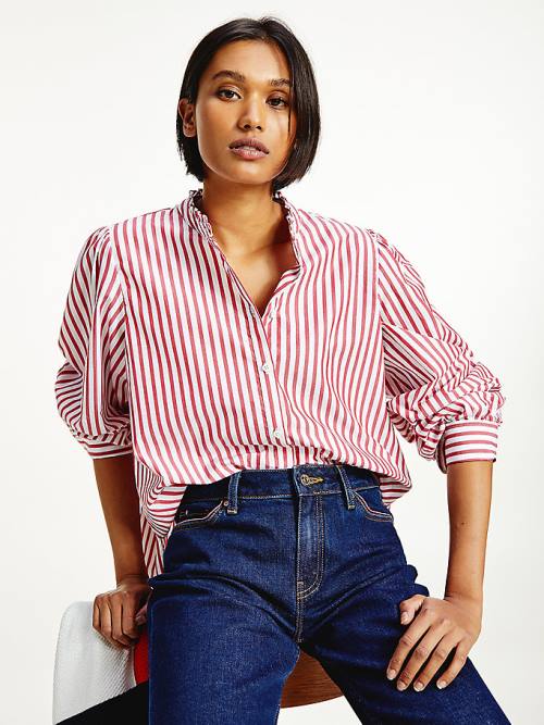 Tommy Hilfiger Stripe Relaxed Fit Frill Blouse Dames Rood | TH382VGJ