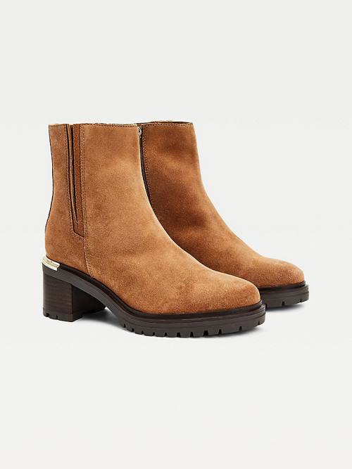 Tommy Hilfiger Suede Block Heel Schoenplaatjes Laarzen Dames Bruin | TH367FBO