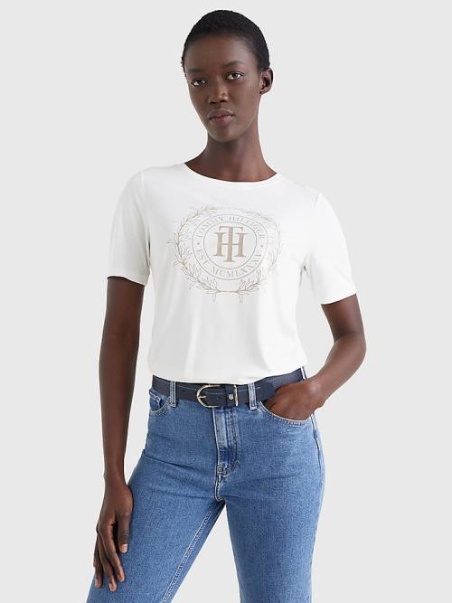 Tommy Hilfiger Sueded Crest T-shirts Dames Wit | TH489FZN