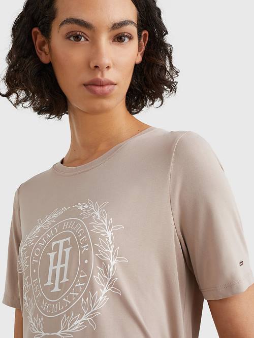 Tommy Hilfiger Sueded Crest T-shirts Dames Beige | TH790NZI