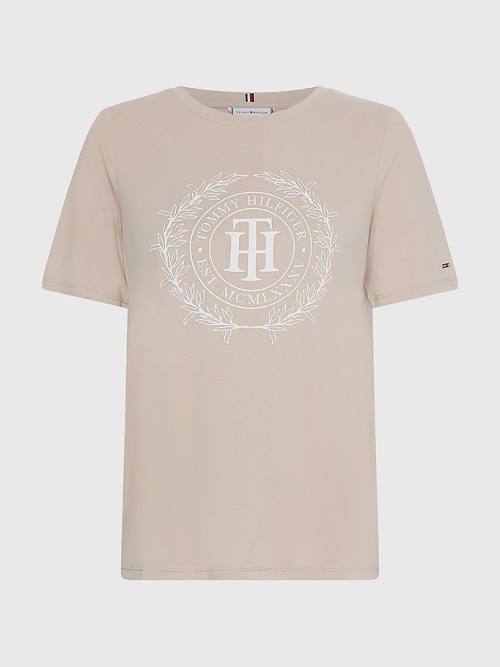 Tommy Hilfiger Sueded Crest T-shirts Dames Beige | TH790NZI