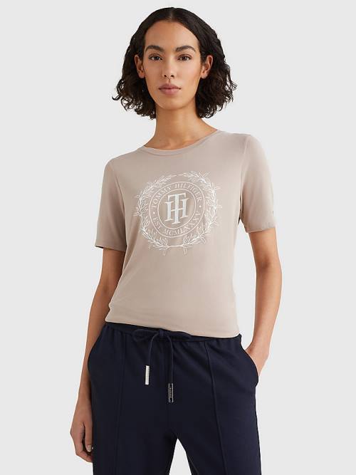 Tommy Hilfiger Sueded Crest T-shirts Dames Beige | TH790NZI