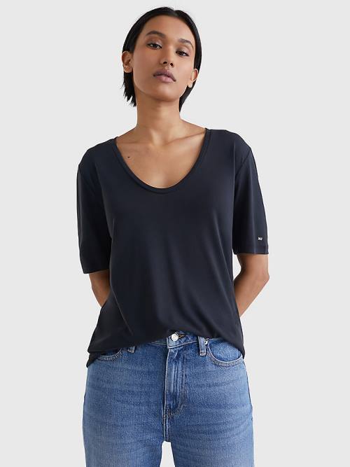 Tommy Hilfiger Sueded Scoop Neck Relaxed T-shirts Dames Zwart | TH419XLS