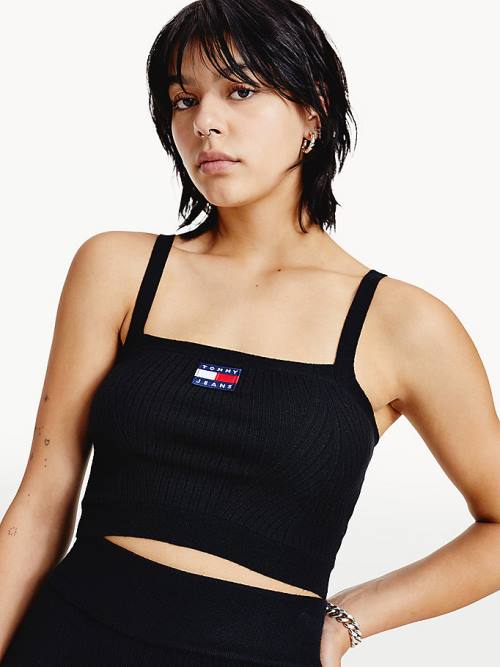 Tommy Hilfiger Super Cropped Badge Ribbed Cami Truien Dames Zwart | TH936XMW