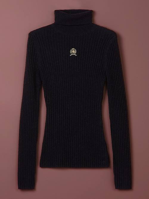 Tommy Hilfiger TH Collecties Crest Mock Turtleneck Slim Jumper Truien Dames Zwart | TH801ZPD