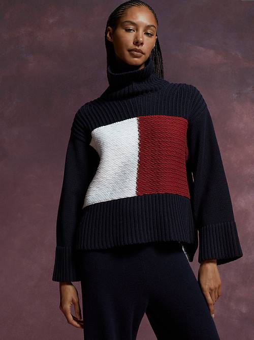 Tommy Hilfiger TH Collecties Flag Icon Ribbed Jumper Truien Dames Blauw | TH738PRD