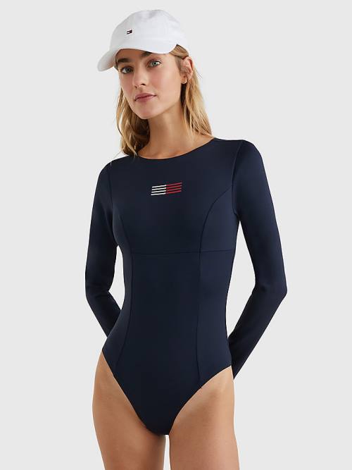 Tommy Hilfiger TH Flex Long Sleeve One-Piecesuit Zwemkleding Dames Blauw | TH021SYG