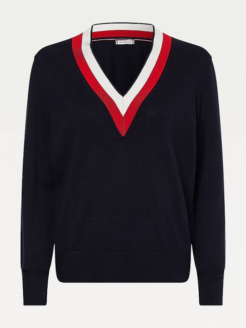 Tommy Hilfiger Tipped V-Neck Jumper Truien Dames Blauw | TH168EIB