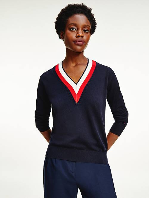 Tommy Hilfiger Tipped V-Neck Jumper Truien Dames Blauw | TH168EIB