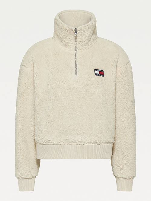 Tommy Hilfiger Tommy Badge Boxy Plush Fleece Sweatshirt Hoodie Dames Beige | TH271YAD