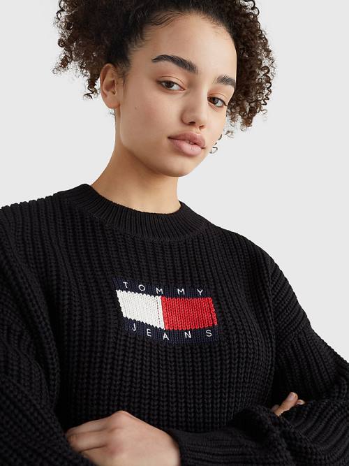 Tommy Hilfiger Tommy Badge Chunky Knit Jumper Truien Dames Zwart | TH709AGP