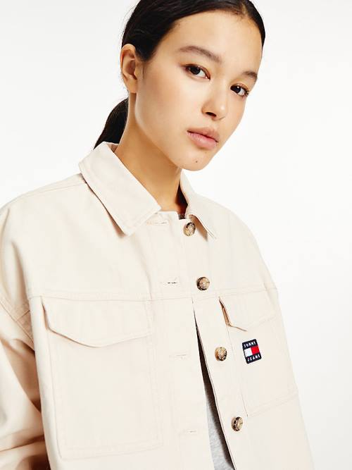 Tommy Hilfiger Tommy Badge Cropped Fit Overshirt Overhemd Dames Beige | TH802ZRL