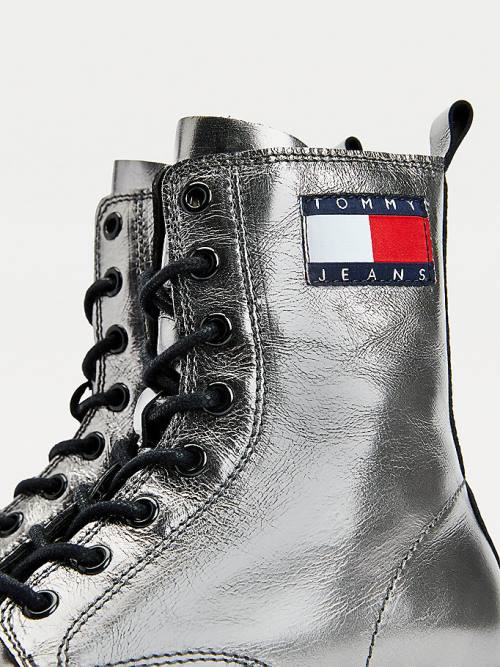 Tommy Hilfiger Tommy Badge Metallic Leren Schoenplaatjes Laarzen Dames Grijs | TH598ZGP