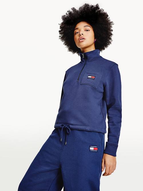 Tommy Hilfiger Tommy Badge Quarter Zip Drawstring Sweatshirt Hoodie Dames Blauw | TH901DAO